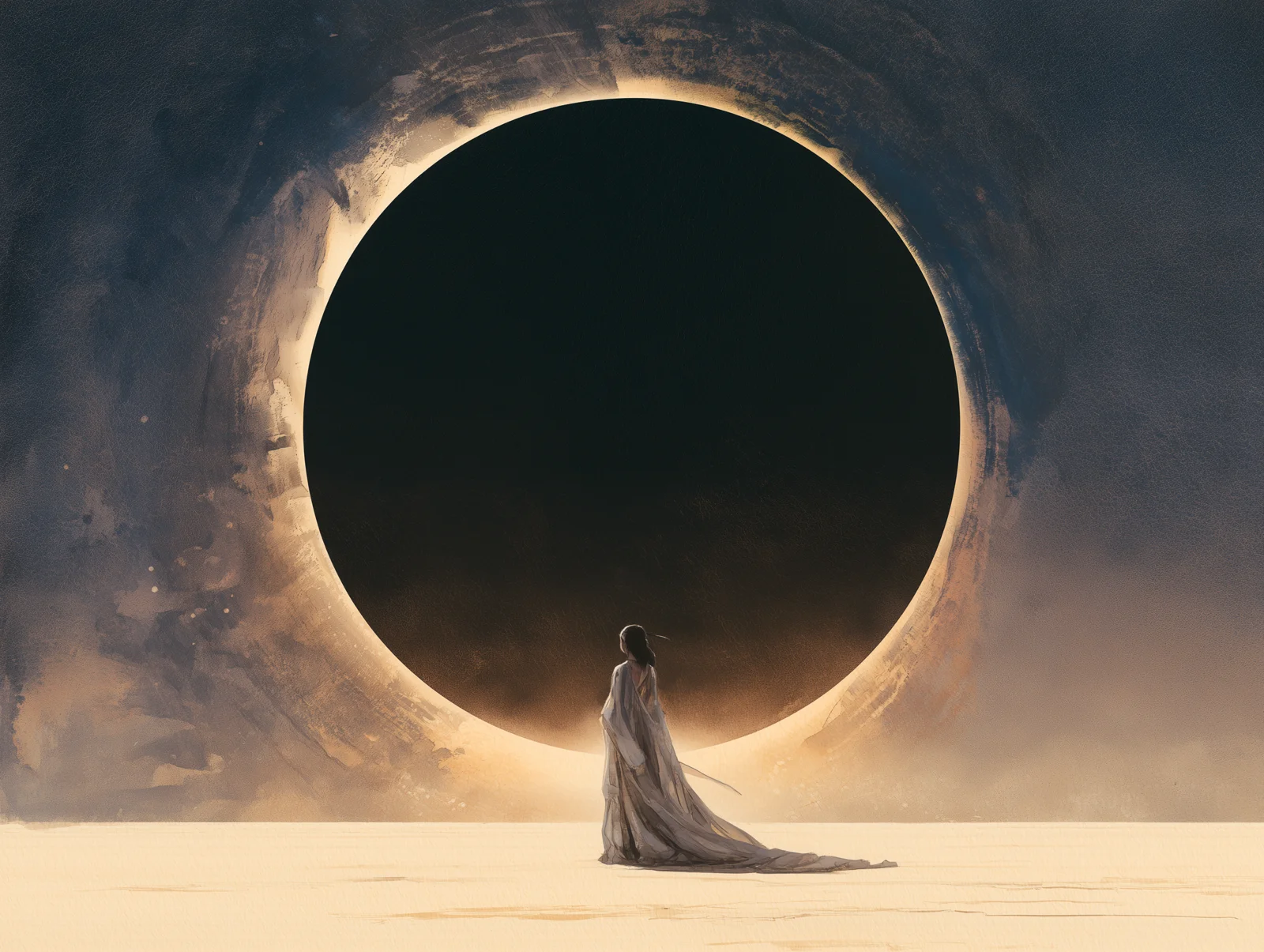 A lone figure faces an immense dark circle ringed with golden light.